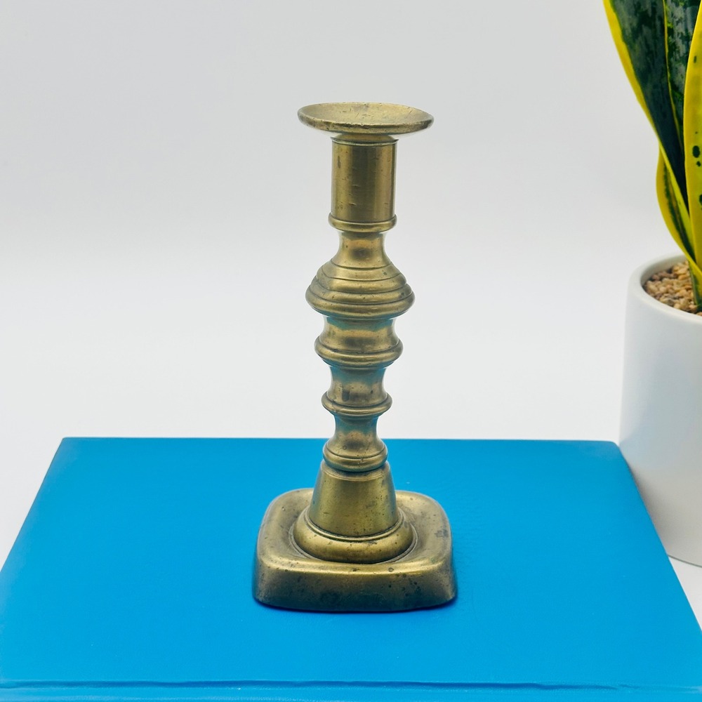Vintage Solid Brass Single Candlestick Holder Turned Spindle Square Base 7.5"
